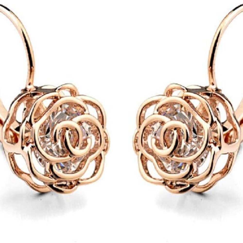 Blooming CZ Filigree 3D Rose Flower Crystal Leverback Dangle Drop Earrings for W